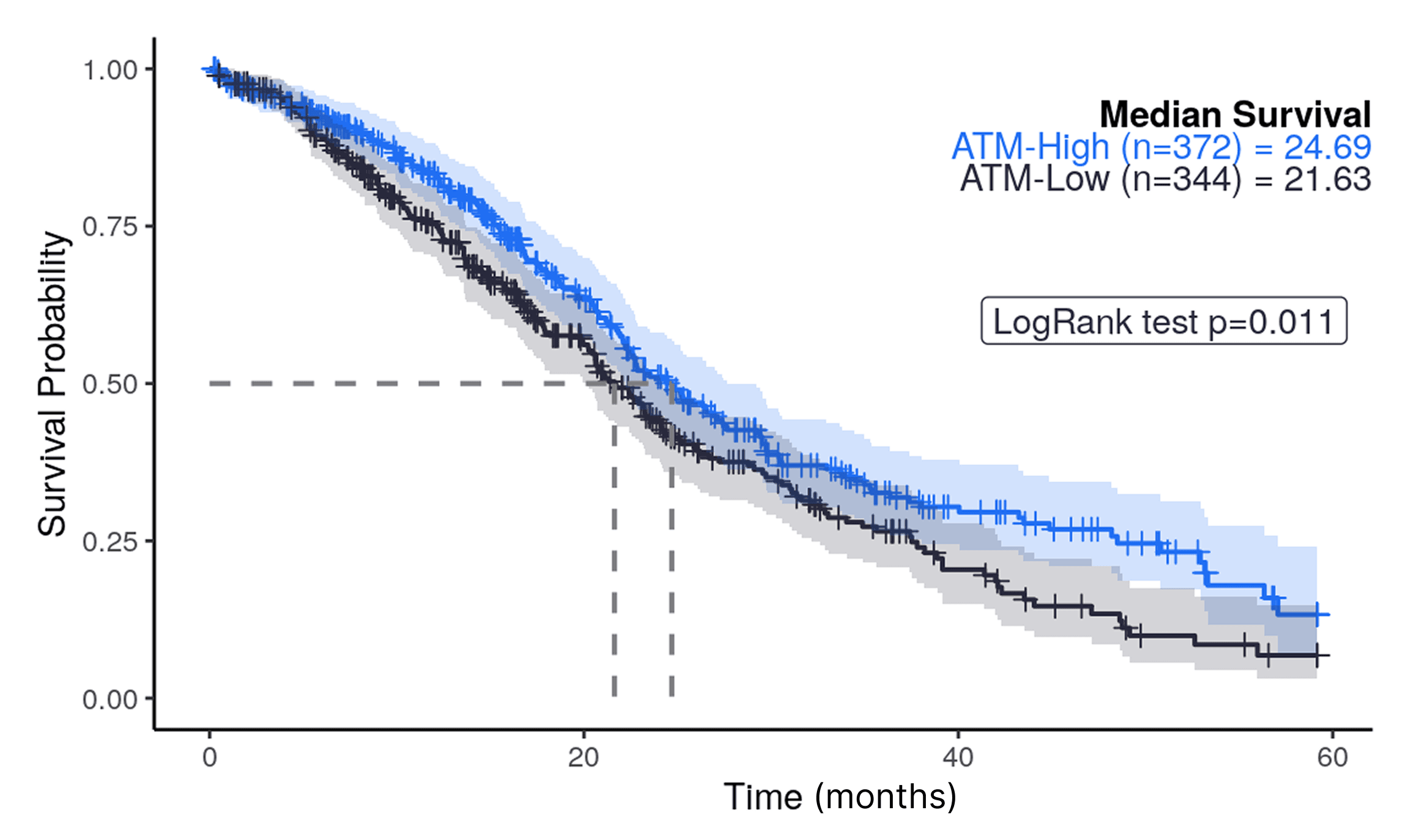 Kaplan-Meier curve comparing survival probability between ATM-High and ATM-Low groups.