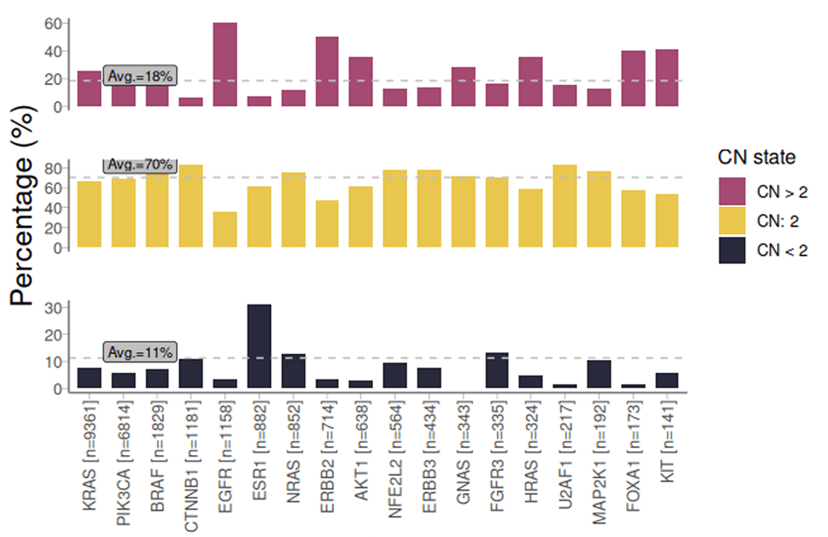 Stacked bar charts illustrate gene copy number percentages for various genes based on their CN states.