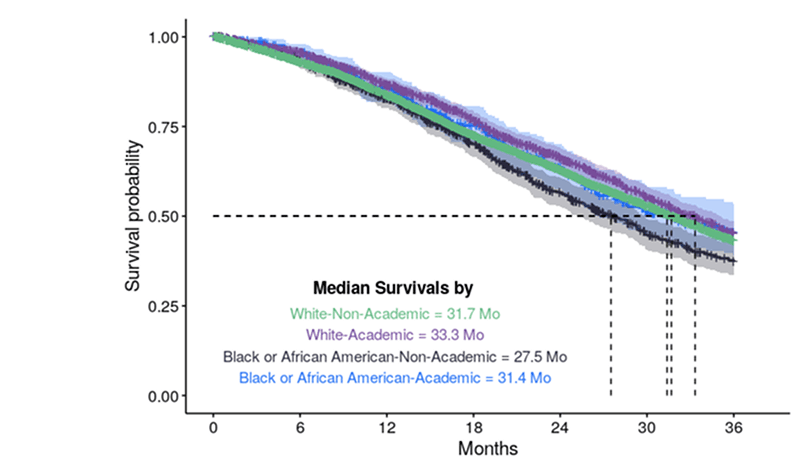 Kaplan-Meier survival curves comparing median survivals across White and Black academic and non-academic groups.