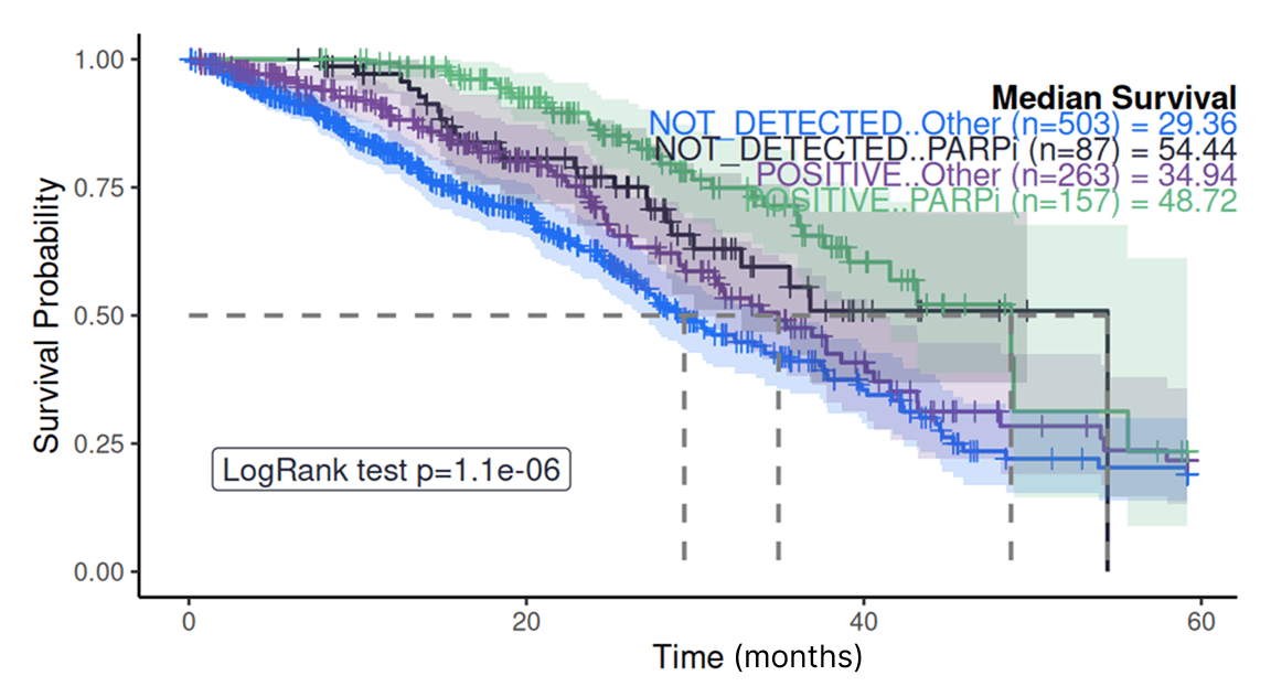 Kaplan-Meier survival curves illustrate probability over time for four patient groups with differing outcomes.