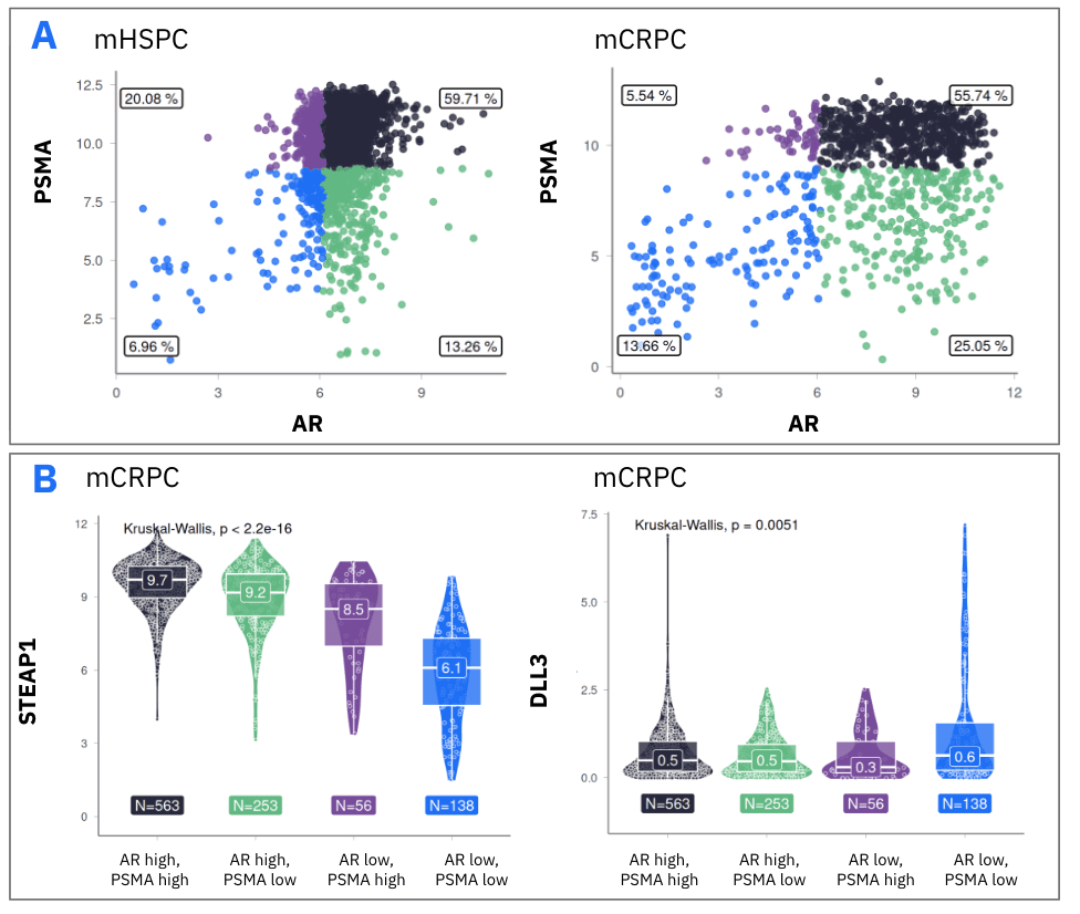 Scatter plots and violin plots illustrate gene expression patterns in prostate cancer subgroups.