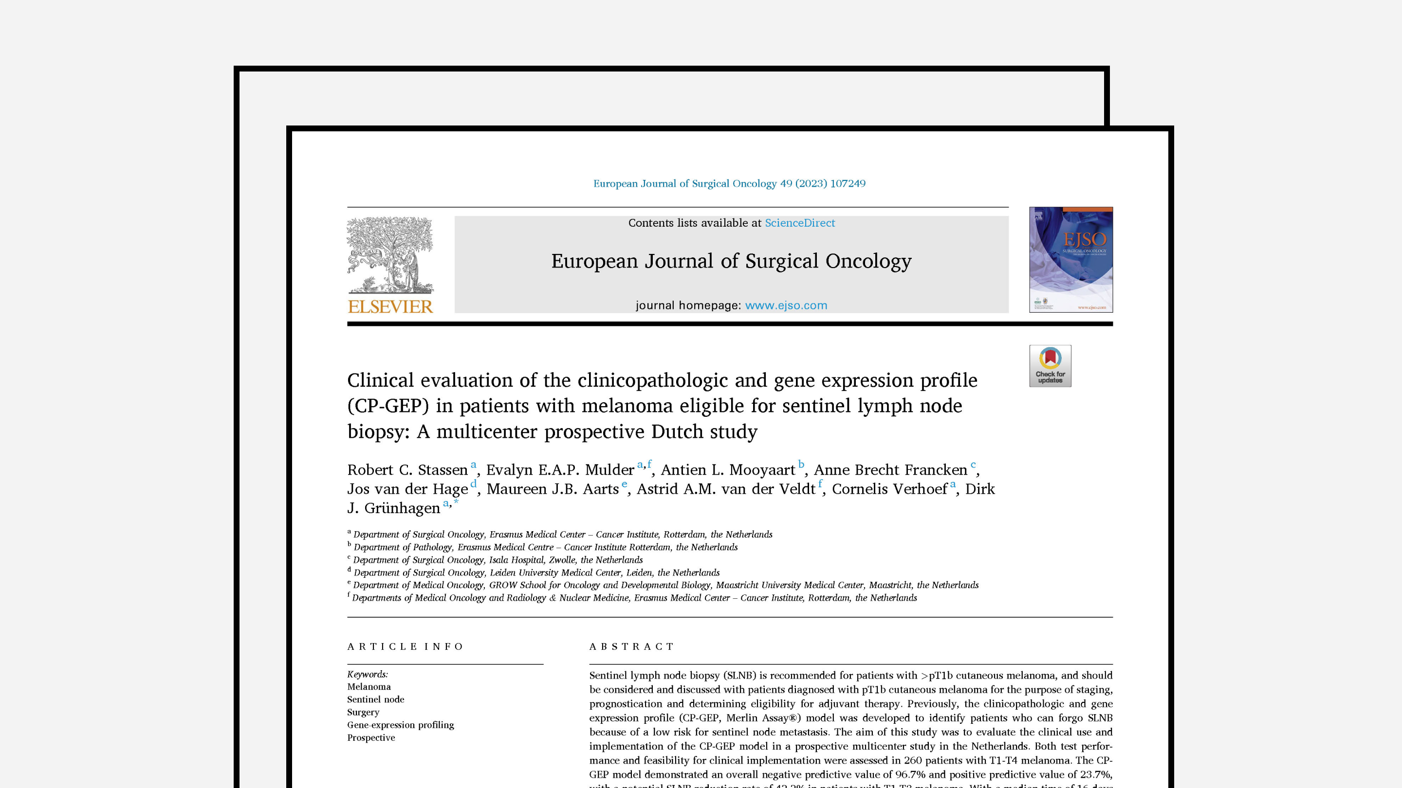 Clinical evaluation of the clinicopathologic and gene expression profile (CP-GEP) in patients with melanoma eligible for sentinel lymph node biopsy: A multicenter prospective Dutch study